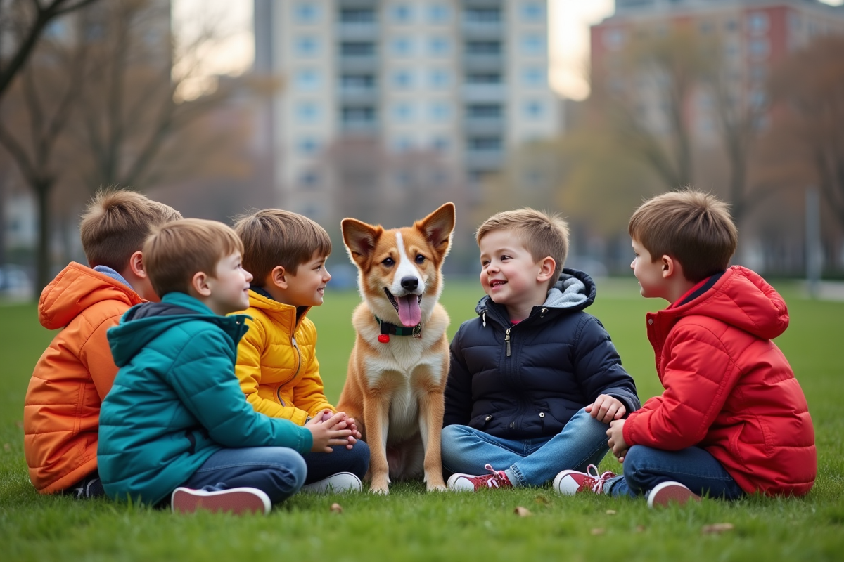 Enfants dans un parc en ville avec un chien en brainstorming