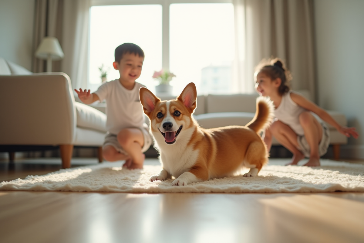 Deux enfants jouant avec un corgi dans un salon lumineux