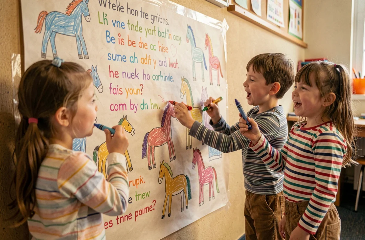 Enfants de maternelle dessinant des chevaux et écrivant les paroles d'une chanson sur papier kraft