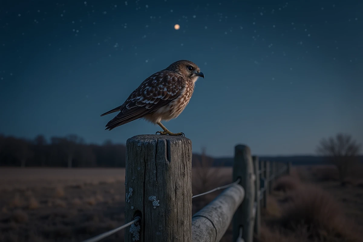 Engoulevent d'Europe perché immobile sur un vieux poteau de clôture en bois au bord d'une lande nocturne, plumage camouflé parfaitement intégré au bois, ciel étoilé en arrière-plan