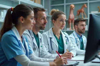 Équipe vétérinaire réunie autour d'un écran pour une formation en ligne dans une clinique moderne