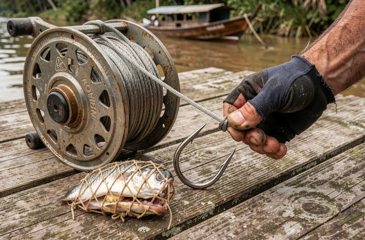 Gros plan sur l'équipement de pêche extrême pour le piraiba incluant hameçon géant câble en acier et moulinet professionnel sur un ponton amazonien