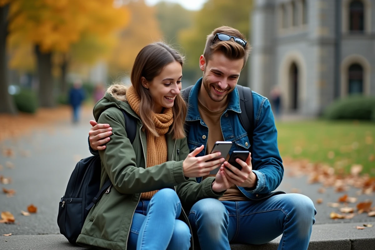 Deux étudiants consultant ensemble un tutoriel de site web sur smartphone dans un campus universitaire en automne