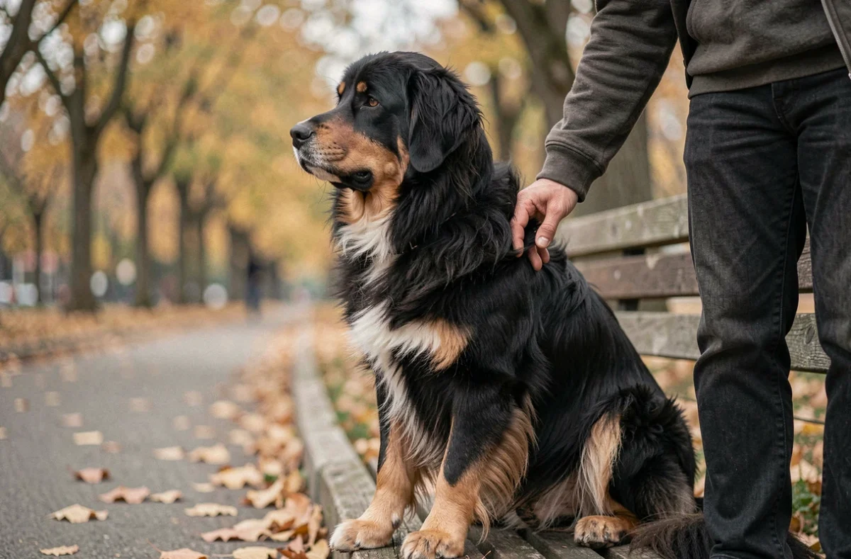 Eurasier adulte de 2 ans assis sur un banc de parc en automne aux côtés de son propriétaire, pelage noir et feu dense