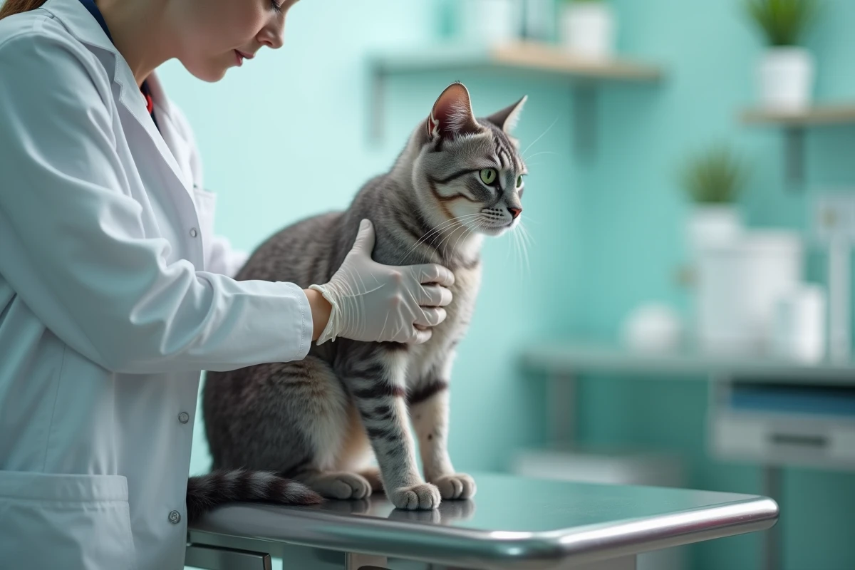 Vétérinaire examinant un chat Korat bleu argenté dans une clinique vétérinaire professionnelle
