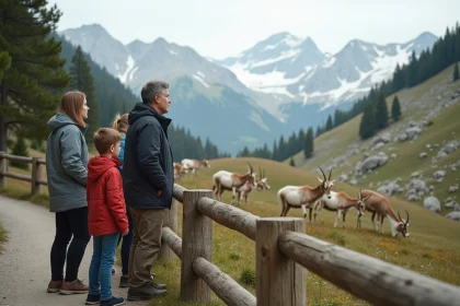 Famille observant des bouquetins dans un parc animalier de Savoie avec vue sur les Alpes, sans foule