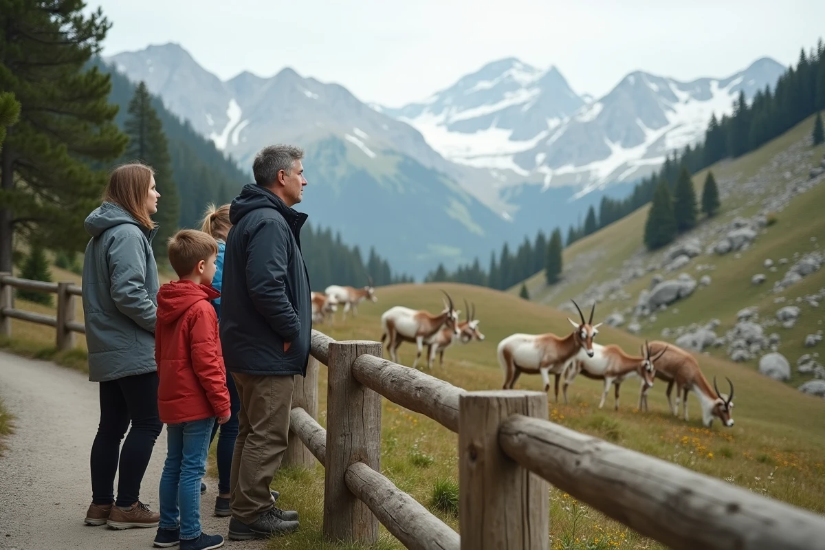 Famille observant des bouquetins dans un parc animalier de Savoie avec vue sur les Alpes, sans foule