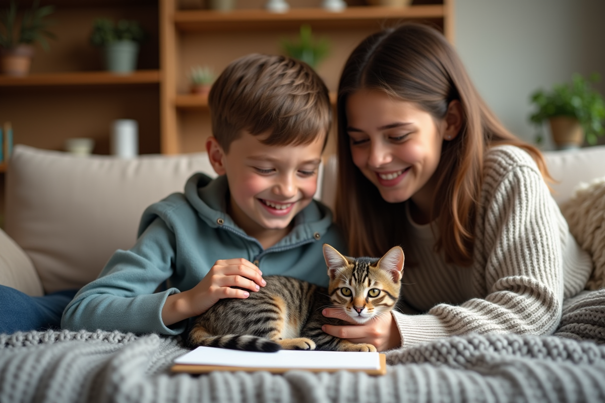 Famille avec chaton enceinte sur un canapé chaleureux