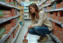 Femme examinant des boîtes de pâté pour chat en supermarché