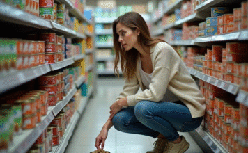 Meilleure marque de pâté pour chat en supermarché : nos recommandations top qualité Femme examinant des boîtes de pâté pour chat en supermarché