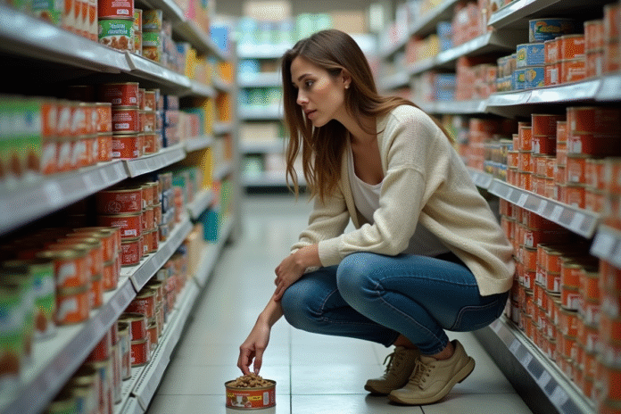 femme-achat-aliments-chat Femme examinant des boîtes de pâté pour chat en supermarché