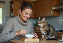 Femme en homewear remue la nourriture pour chat avec son chat tabby