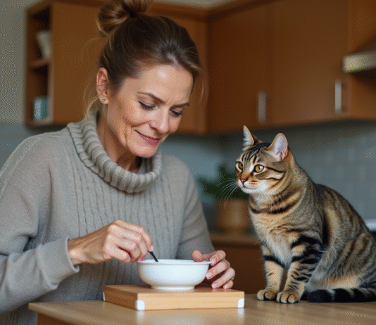 Réhydrater les croquettes pour chat : avantages et inconvénients à connaître Femme en homewear remue la nourriture pour chat avec son chat tabby