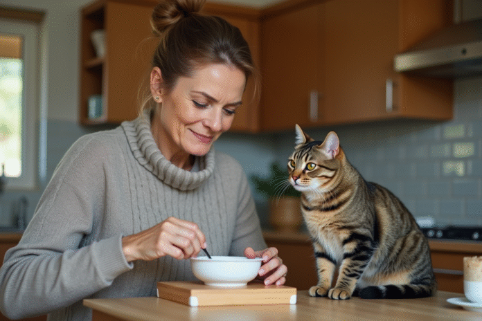 femme-animaux-chat-cuisine Femme en homewear remue la nourriture pour chat avec son chat tabby