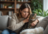 Comprendre les raisons de l’agressivité soudaine chez le chat : conseils et astuces Femme réconfortant un chat agité dans un salon cosy