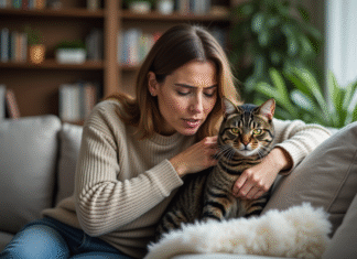 Comprendre les raisons de l’agressivité soudaine chez le chat : conseils et astuces Femme réconfortant un chat agité dans un salon cosy