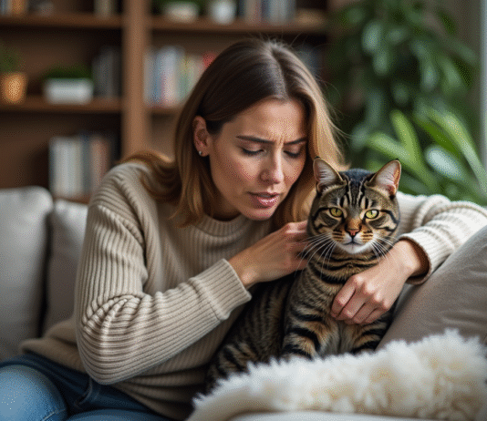 Comprendre les raisons de l’agressivité soudaine chez le chat : conseils et astuces Femme réconfortant un chat agité dans un salon cosy