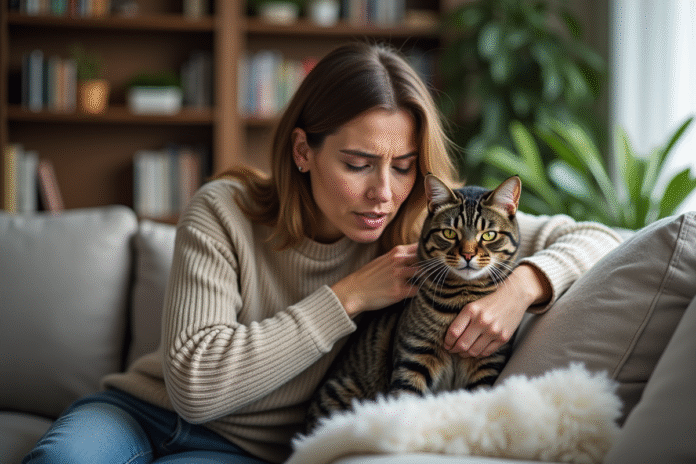 Femme réconfortant un chat agité dans un salon cosy