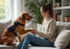 Chiens d’assistance : quels sont leurs pouvoirs de détection de l’anxiété ? Femme assise avec un chien d'assistance dans un salon lumineux