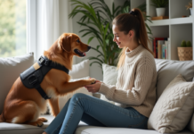 Chiens d’assistance : quels sont leurs pouvoirs de détection de l’anxiété ? Femme assise avec un chien d'assistance dans un salon lumineux