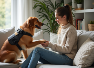 Chiens d’assistance : quels sont leurs pouvoirs de détection de l’anxiété ? Femme assise avec un chien d'assistance dans un salon lumineux