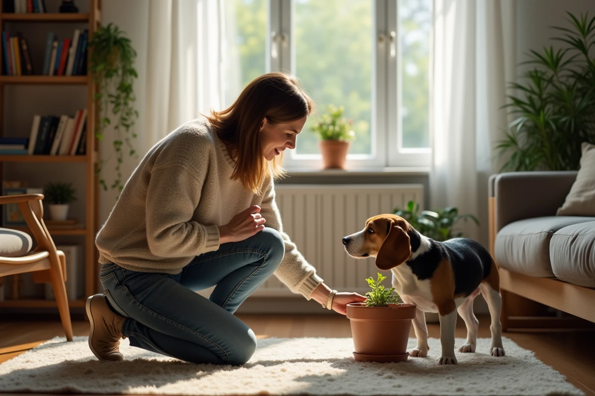 Femme avec son beagle dans un salon chaleureux