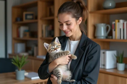 Jeune femme avec un chat Birman dans un bureau moderne