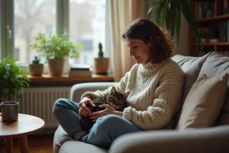 Femme assise avec son chat dans un salon chaleureux