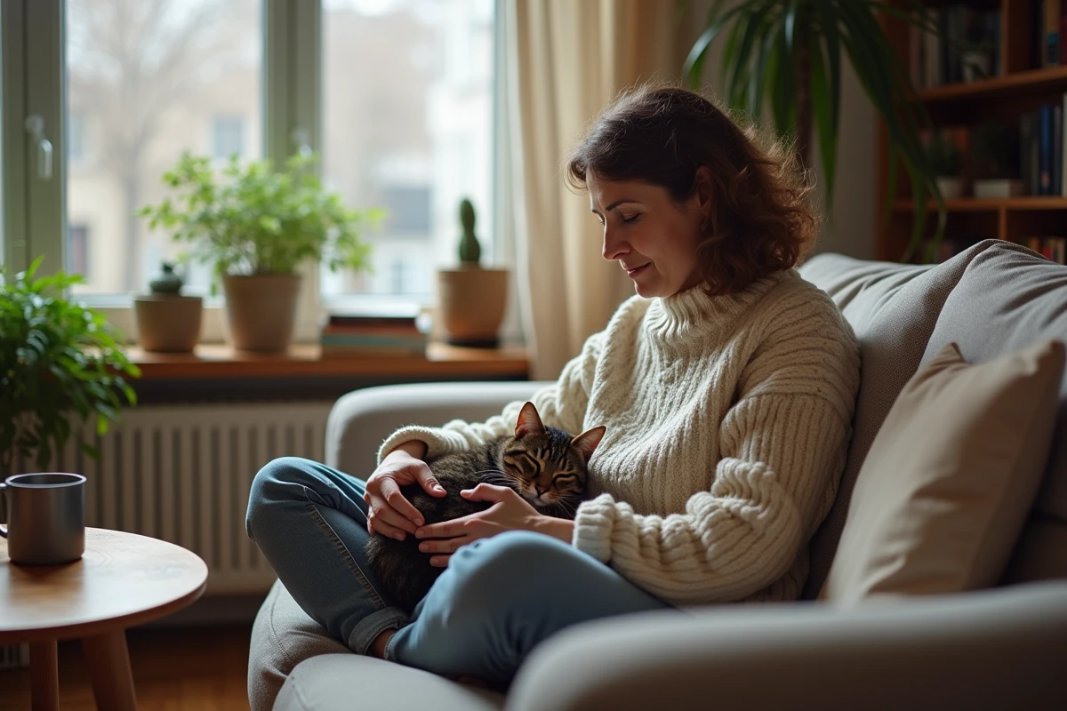Femme assise avec son chat dans un salon chaleureux