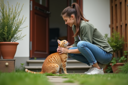 Jeune femme avec chat roux neutré dans le jardin