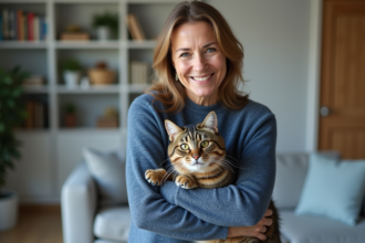 Femme souriante tenant un chat tabby dans un salon moderne