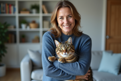 Femme souriante tenant un chat tabby dans un salon moderne