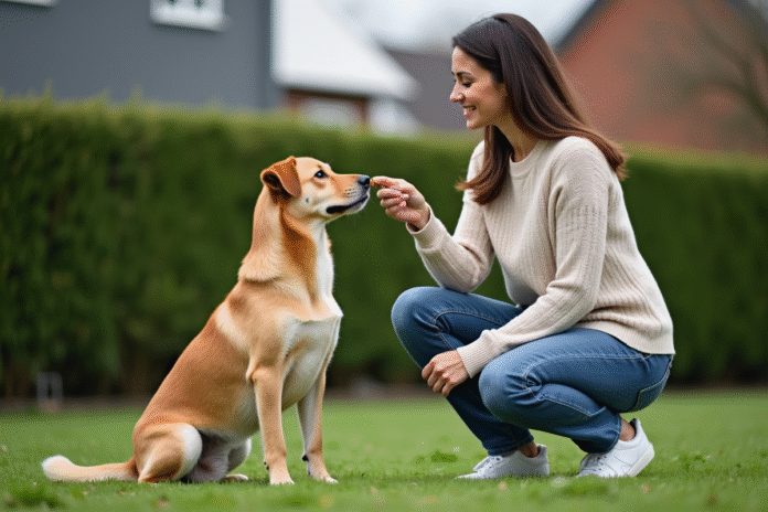 Femme assise avec un chien sur la pelouse