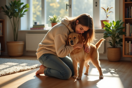 Jeune femme avec un chiot golden retriever dans un salon lumineux