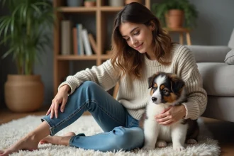 Jeune femme avec un chiot australien dans un salon chaleureux