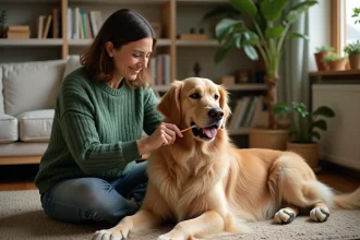 Femme en vert brossant un golden retriever dans un salon chaleureux