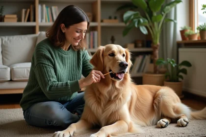 Femme en vert brossant un golden retriever dans un salon chaleureux
