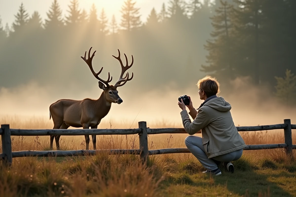 Femme photographiant un cerf élaphe de près dans un parc animalier savoyard au petit matin dans le calme