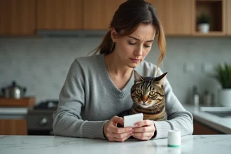 Femme tenant son chat tigré tout en lisant une boîte d'antibiotiques dans une cuisine moderne