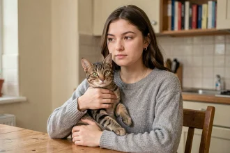 Femme tenant un chat tigré dans ses bras à la maison, réfléchissant à la contraception féline après une portée non désirée
