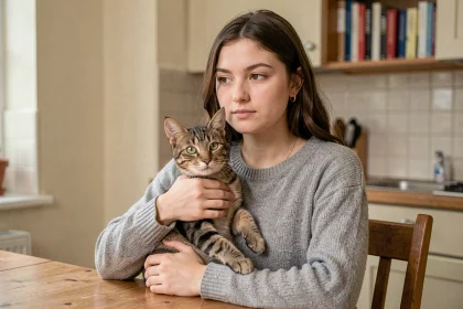Femme tenant un chat tigré dans ses bras à la maison, réfléchissant à la contraception féline après une portée non désirée