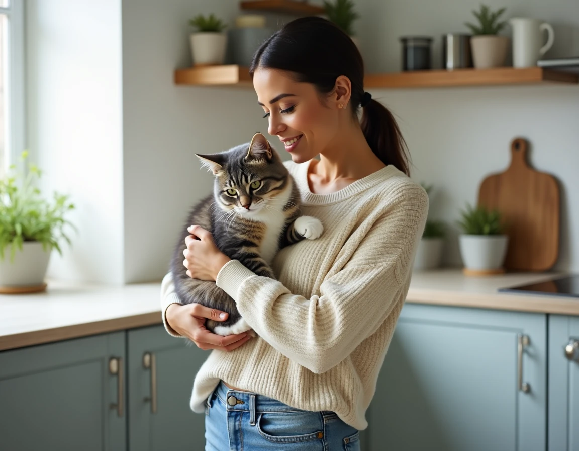 Jeune femme tenant un chat Highlander dans ses bras dans une cuisine moderne, moment de complicité avant l'adoption