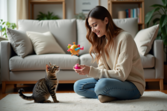 Jeune femme en jeans et pull crème joue avec un chat dans le salon