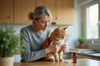 Femme tenant son chat roux et lisant l'étiquette d'un médicament vétérinaire dans une cuisine
