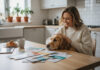 Femme souriante avec chien retriever lit des brochures d'assurance