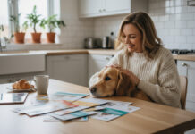 Femme souriante avec chien retriever lit des brochures d'assurance
