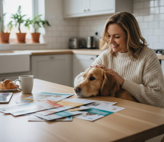 Assurance animaux 2025 : toutes les offres passées au crible Femme souriante avec chien retriever lit des brochures d'assurance