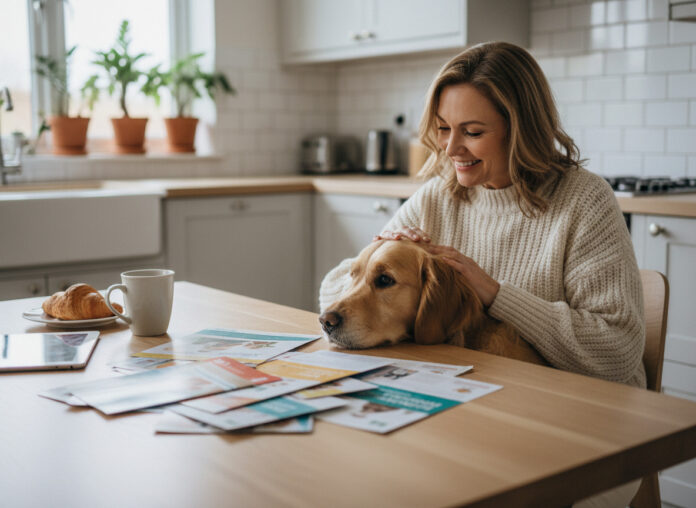 Femme souriante avec chien retriever lit des brochures d'assurance