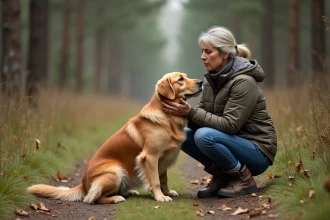 Femme et chien dans la forêt en automne