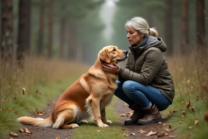 Femme et chien dans la forêt en automne